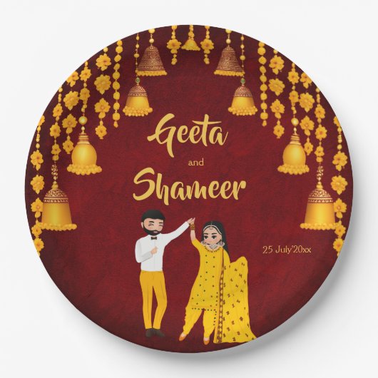 Haldi Mehndi Sangeet Indischer Hochzeitmaroon gelb Pappteller (Vorderseite)