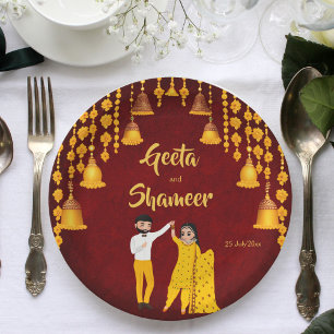 Haldi Mehndi Sangeet Indischer Hochzeitmaroon gelb Pappteller