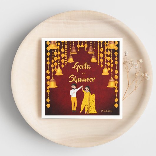 Haldi Mehndi Sangeet Indischer Hochzeitmaroon gelb Serviette