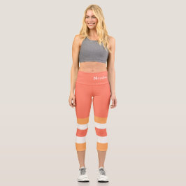 Half and Stripes Horizontal Lines Red Orange White Capri Leggings