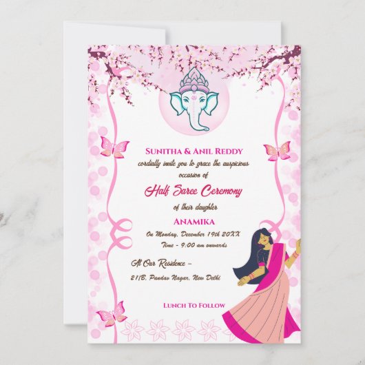 Half Saree Ritu Kala Samskara Butterfly Einladung (Vorderseite)