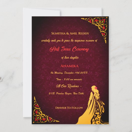 Half Saree Ritu Kala Samskara Einladung (Vorderseite)