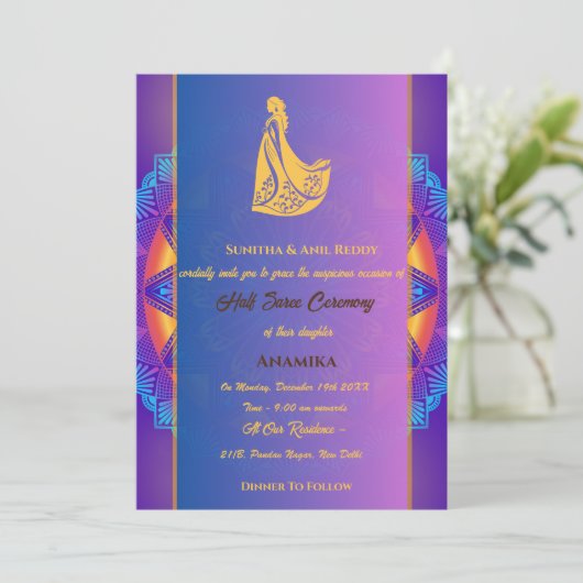 Half Saree Ritu Kala Samskara Einladung (Stehend Vorderseite)