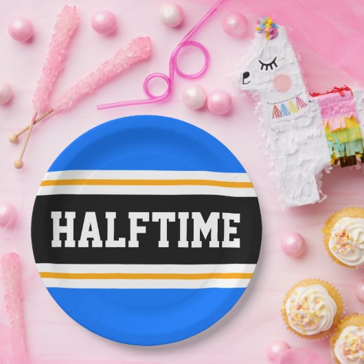 HALFTIME Hellblau Schwarz-weiß Gelbe Streifen Pappteller (Party)