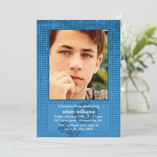 Halftone Blue Foto Einladung (Stehend Vorderseite)