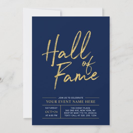 Hall of Fame | Modernes Party in Gold und Blau Einladung (Vorderseite)