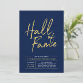 Hall of Fame | Modernes Party in Gold und Blau Einladung (Stehend Vorderseite)