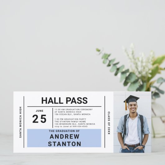 Hall Pass Grad Party Blue High School Einladung (Stehend Vorderseite)