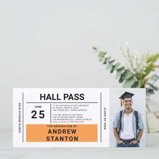 Hall Pass Grad Party Orange High School Einladung (Stehend Vorderseite)