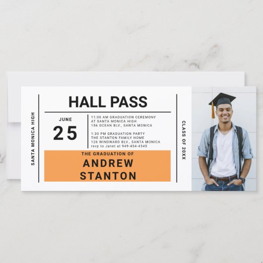 Hall Pass Grad Party Orange High School Einladung (Vorderseite)