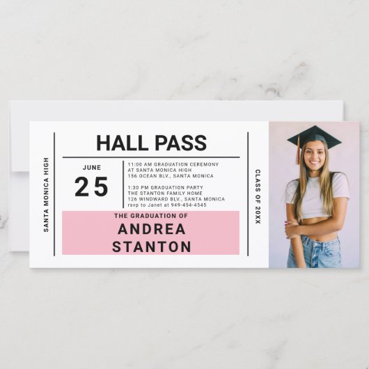 Hall Pass Grad Party Rosa Einladung (Vorderseite)