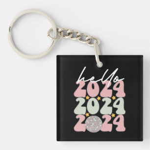 Hallo 2024 Groovy Frohes Neues Jahr Weihnachten Schlüsselanhänger