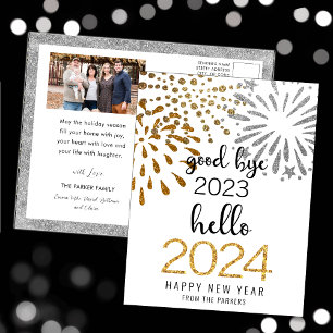 Hallo 2025 Feuerwerkskörper Neujahr Gold Foto Feiertagspostkarte
