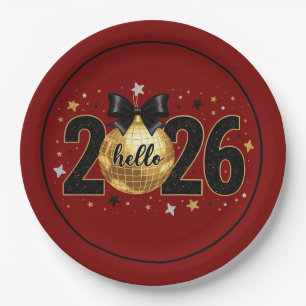 Hallo 2026 Rotes Glitter Glitzer Design Pappteller