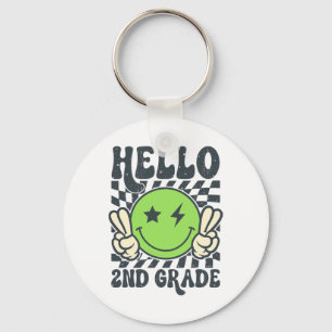 Hallo 2. Klasse Vibes Groovy Smiley Gesicht Zurück Schlüsselanhänger