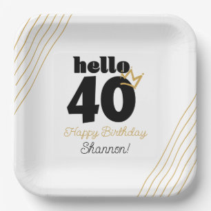 Hallo 40 Meilenstein Geburtstag Black Gold Crown Pappteller