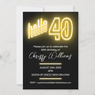 Hallo 40 Retro Neon 40. Geburtstag Einladung