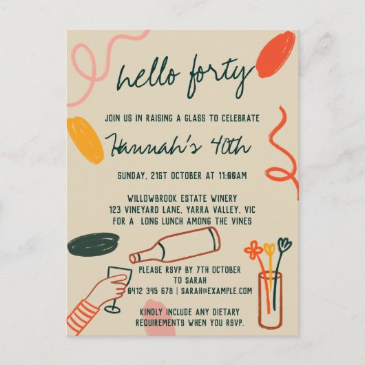 Hallo 40 Weinkellerei Mittagessen Geburtstag Postkarte (Vorderseite)