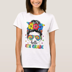Hallo 4. Grade Messy Bun Erster Tag der Schule T-Shirt