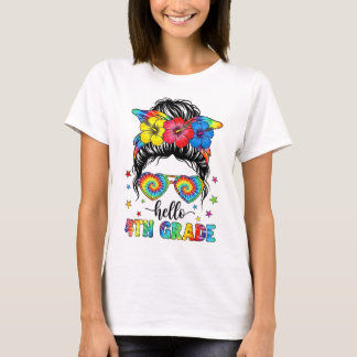 Hallo 4. Grade Messy Bun Erster Tag der Schule T-Shirt