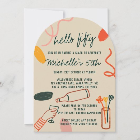 Hallo 50 50. Weinkellerei Mittagessen Geburtstag Einladung (Vorderseite)