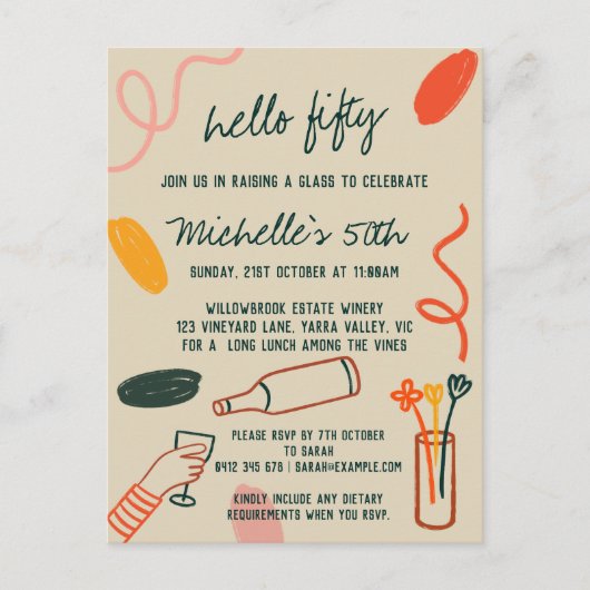 Hallo 50 50. Weinkellerei Mittagessen Geburtstag Postkarte (Vorderseite)