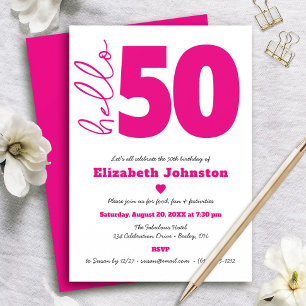 Hallo 50 Fabelhaftes Heißes Rosa auf Weiß Fett Ged Einladung