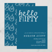 Hallo 50. Geburtstagsparty Modern Blue Einladung (Vorne/Hinten)