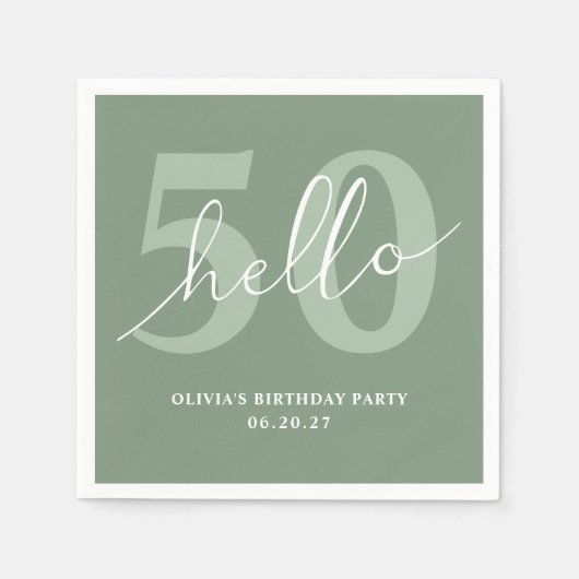 Hallo 50 | Minimal Modern Sage Green 50. Geburtsta Serviette (Vorderseite)