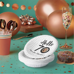 Hallo 70 Black & White Dots Foto & Name Geburtstag Pappteller