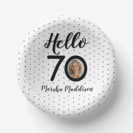 Hallo 70 Black & White Dots Foto & Name Geburtstag Pappteller
