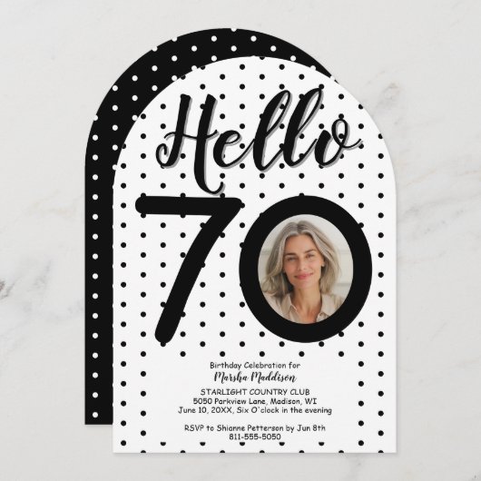 Hallo 70 Foto Schwarz & Weiß Punkte Geburtstag Einladung (Vorne/Hinten)