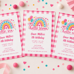 Hallo Acht Mädchen Gingham Regenbogen Geburtstagsf Einladung