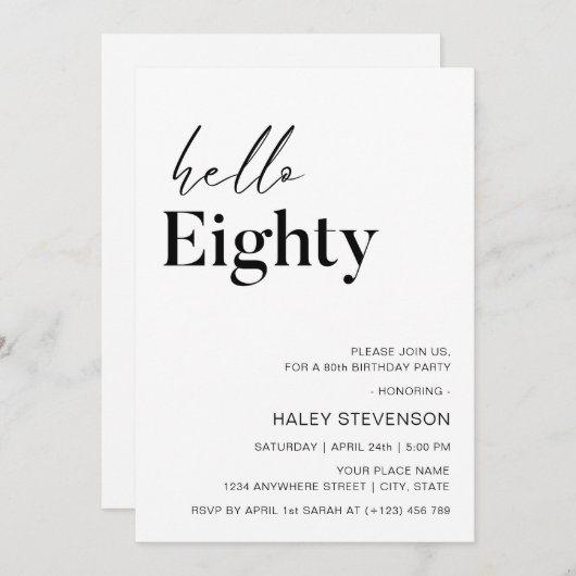 Hallo Achtzig Moderner Chic Minimalist 80. Geburts Einladung (Vorne/Hinten)