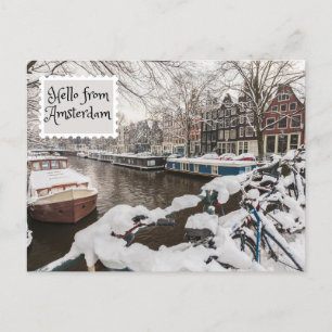 Hallo aus Amsterdam Winterschnee in der Stadt Postkarte