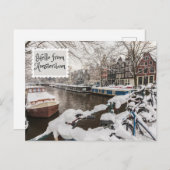 Hallo aus Amsterdam Winterschnee in der Stadt Postkarte (Vorne/Hinten)