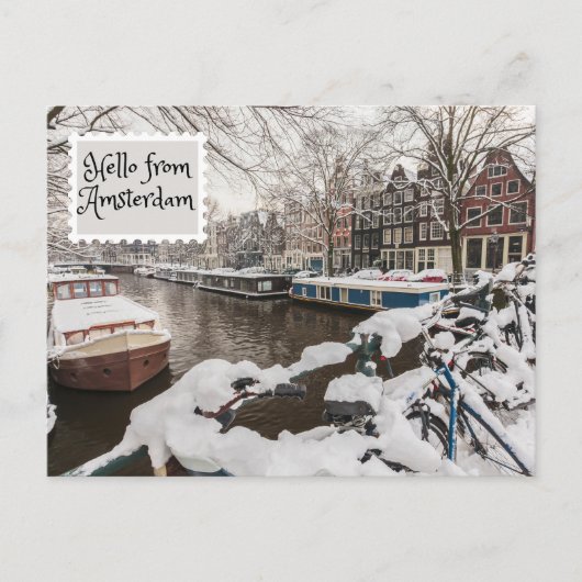 Hallo aus Amsterdam Winterschnee in der Stadt Postkarte (Vorderseite)
