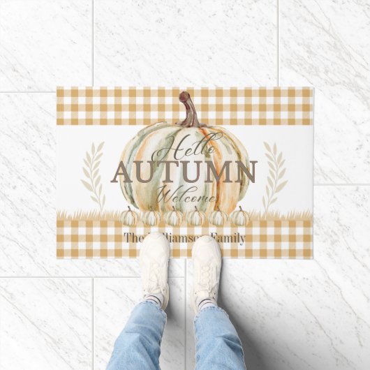 Hallo Autumn White Pumpkin Gingham Kariert Name Fußmatte (Indoor)