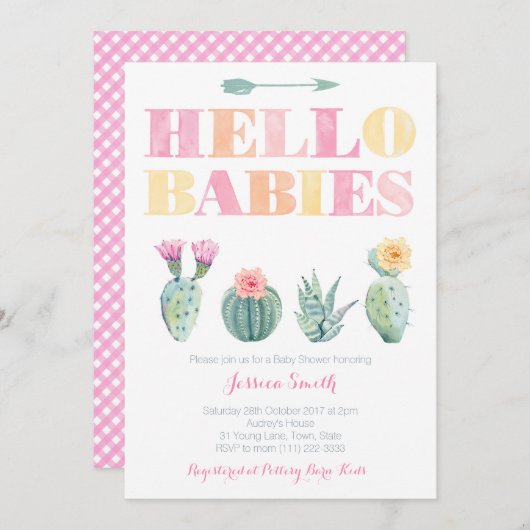 Hallo Babies! Farbenfrohe Cactus Twins Baby Shower Einladung (Vorne/Hinten)