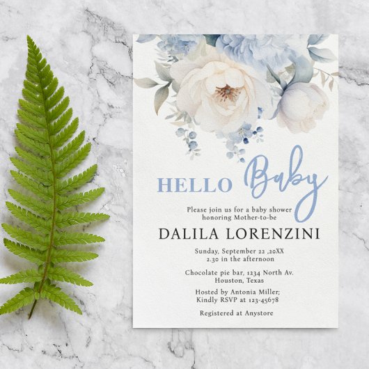Hallo Baby Blue Floral Baby Dusche Einladung