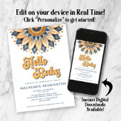 Hallo Baby Blue Gold Retro Hippie Baby Dusche Einladung