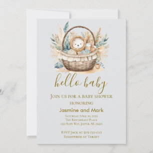 Hallo Baby Boho Neutraler Bärenkorb Einladung