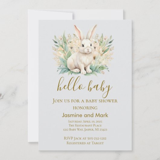 Hallo Baby Boho Neutraler Hase Einladung (Vorderseite)