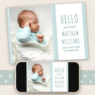 Hallo Baby Boy Foto Blau und Weiß Geburt Ankündigung