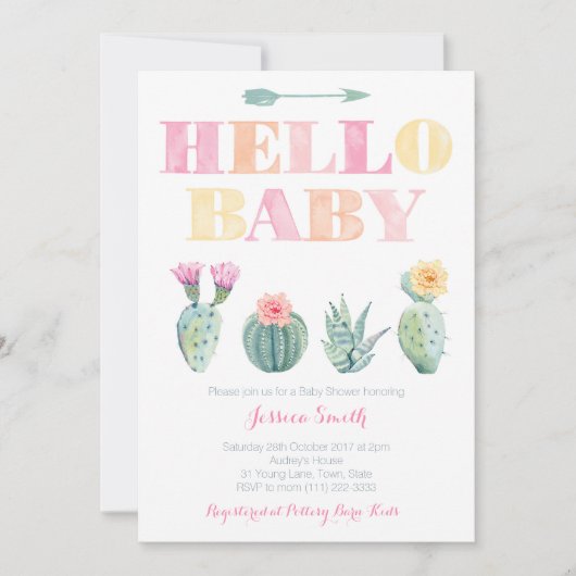 Hallo, Baby! Cactus Baby Shower oder Sip and See Einladung (Vorderseite)