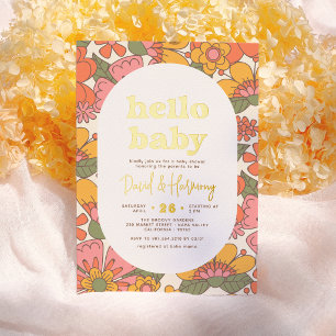 Hallo Baby Groovy Retro Floral Gold Babyparty Folieneinladung
