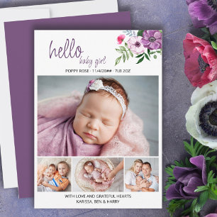 Hallo Baby Mädchen Lila Blumen 4 Foto Geburt Ankündigung
