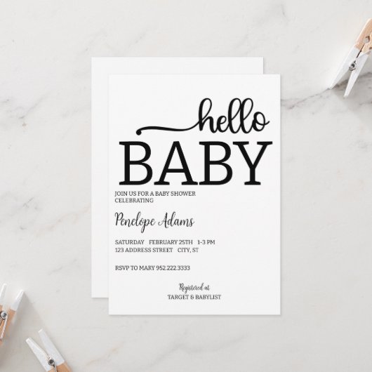 Hallo Baby Minimalistisch Baby Dusche Einladung (Vorderseite/Rückseite Beispiel)