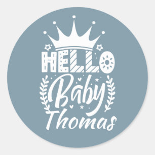 Hallo Baby mit Crown Baby's Name Blue Runder Aufkleber