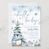 Hallo Baby Penguin, Winter blaue Babydusche Einladung (Vorderseite)
